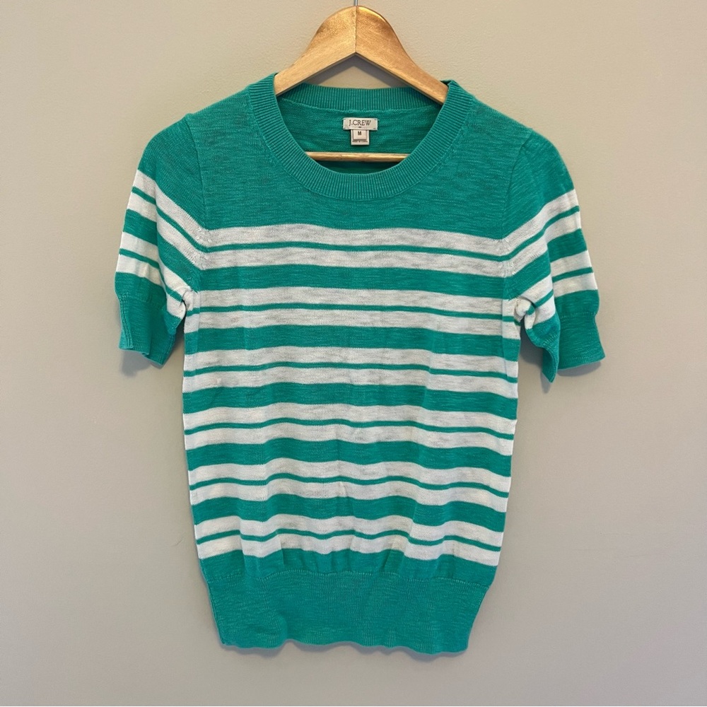 J. Crew green and white cotton short sleeved sweater, Size M